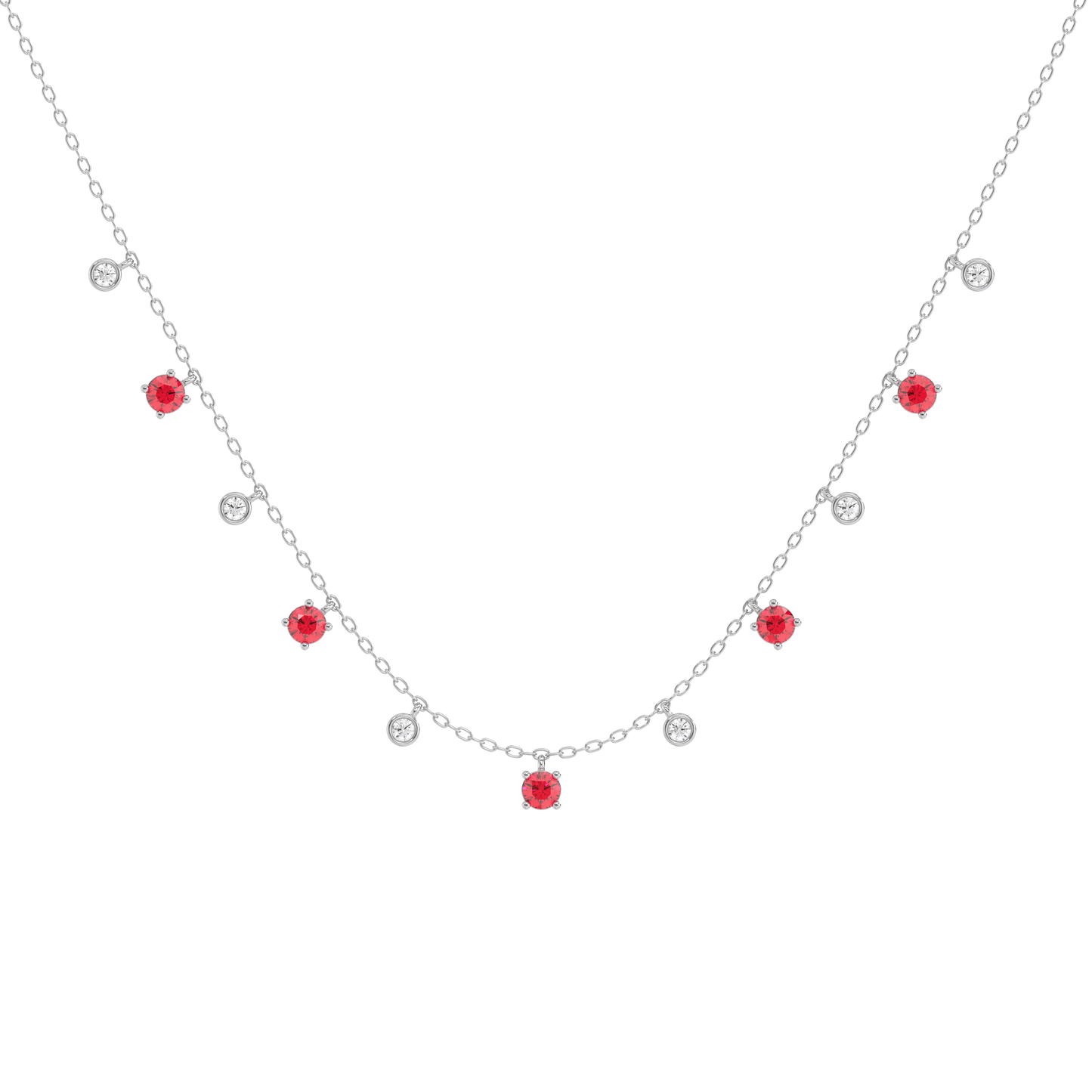 Sterling Silver - Lab Diamond & Ruby Station Necklace