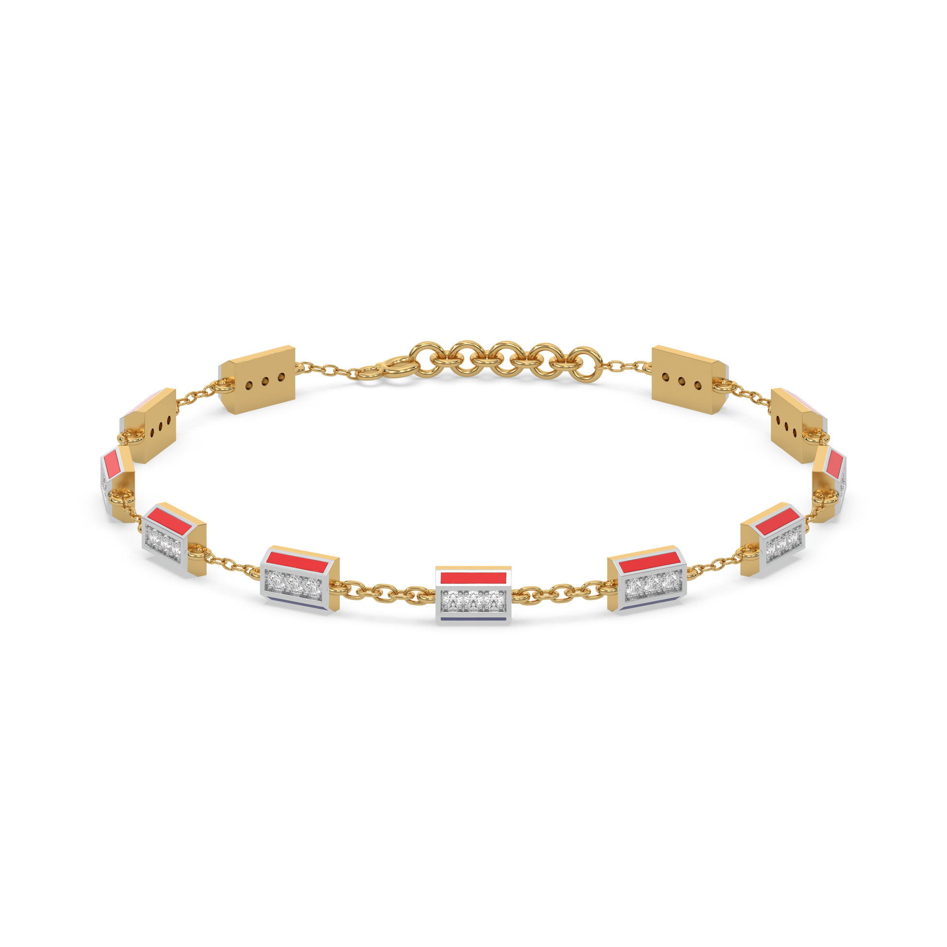 Red Enamel Accent - Lab Diamond Chrome Bracelet