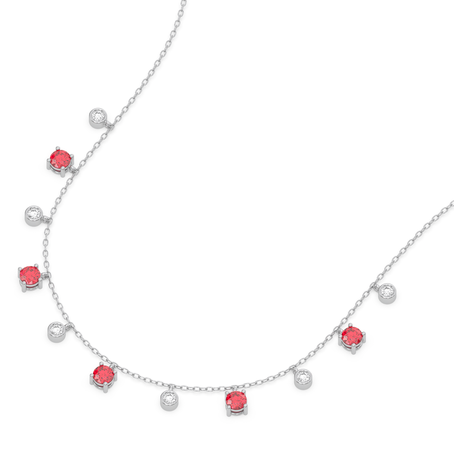 Sterling Silver - Lab Diamond & Ruby Station Necklace