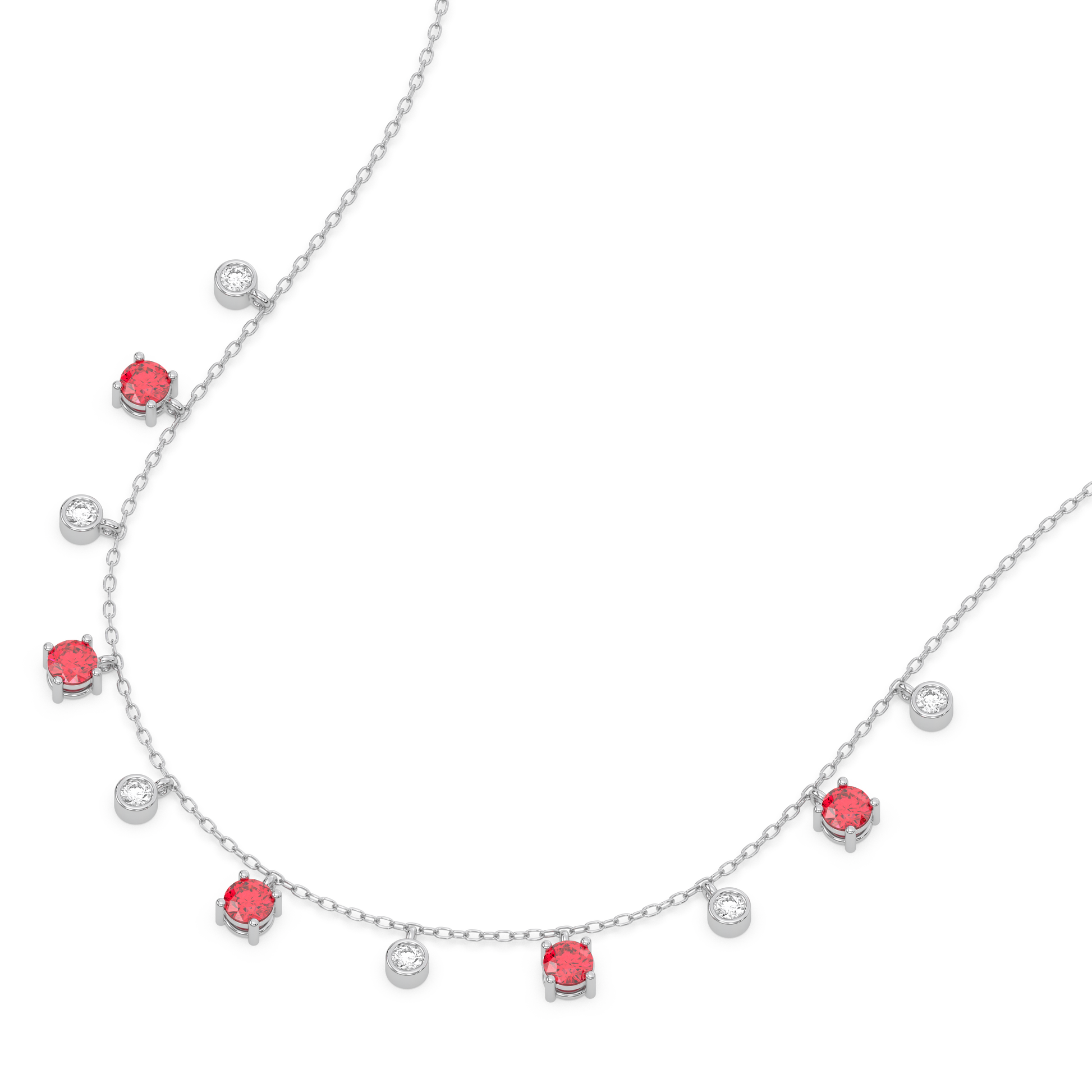 Sterling Silver - Lab Diamond & Ruby Station Necklace